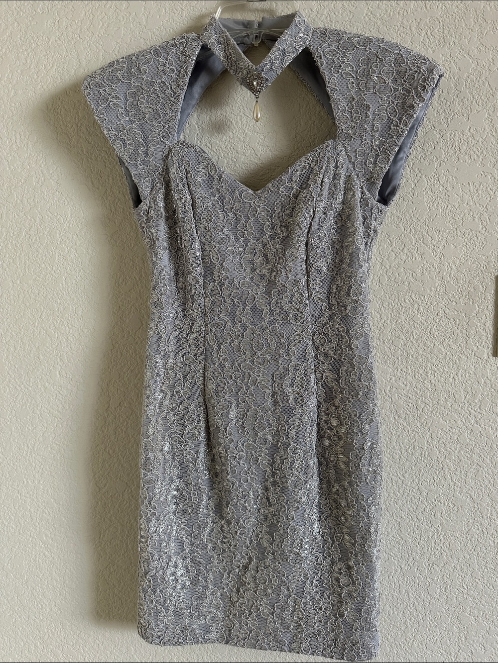 Scarlett Nite vintage Elegant Lace Cap-Sleeve Dress in Light Silver